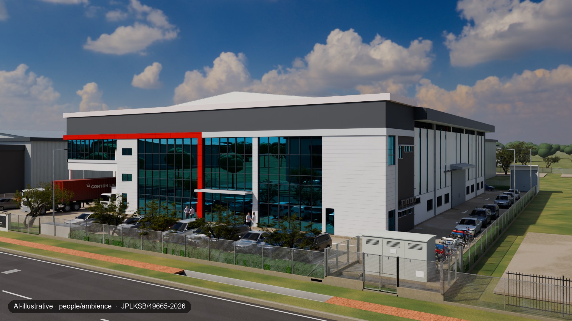 The factory and its two-storey office front seen from the road on a clear day, with cars in the car park, with people added by AI inside masked areas