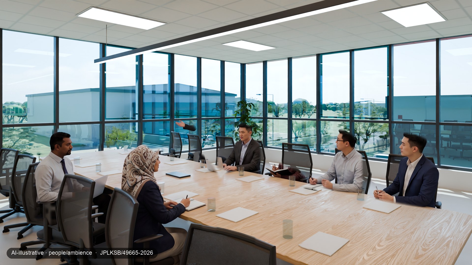 The first-floor meeting room with a long table and chairs, with people added by AI inside masked areas