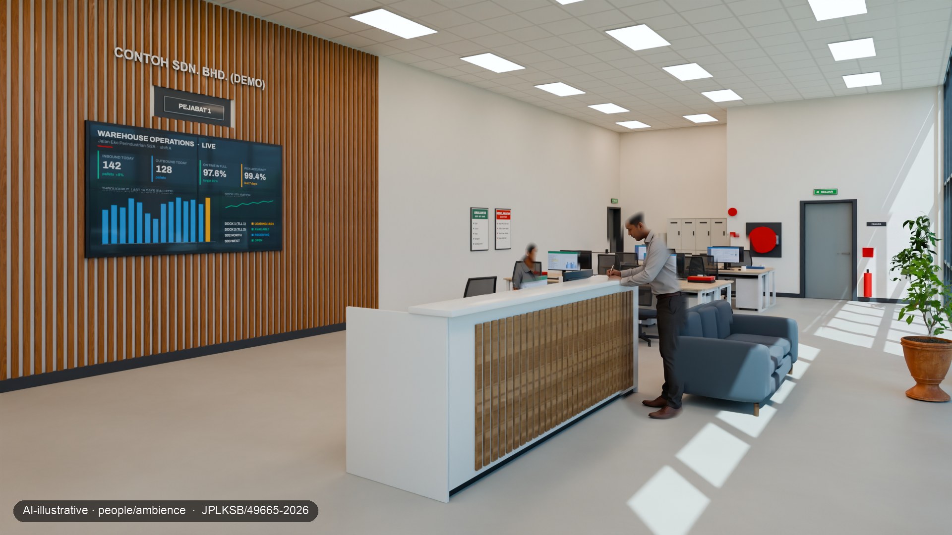 The office reception with a counter and waiting seats, with people added by AI inside masked areas