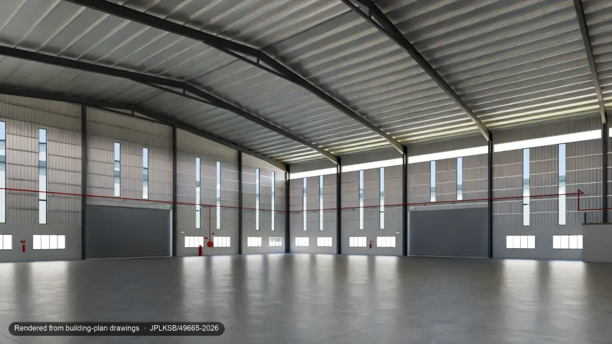 The empty factory hall as per the building plans: portal frames, roof, sliding doors and louvre windows
