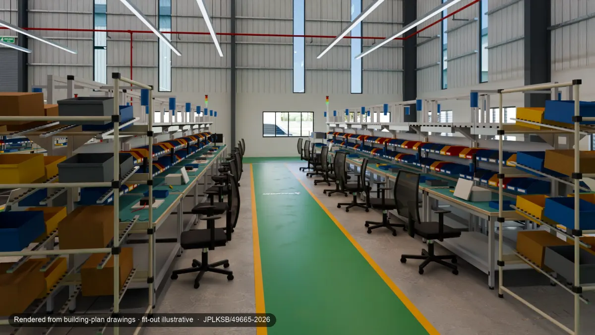 Assembly lines and workbenches laid out across the factory hall