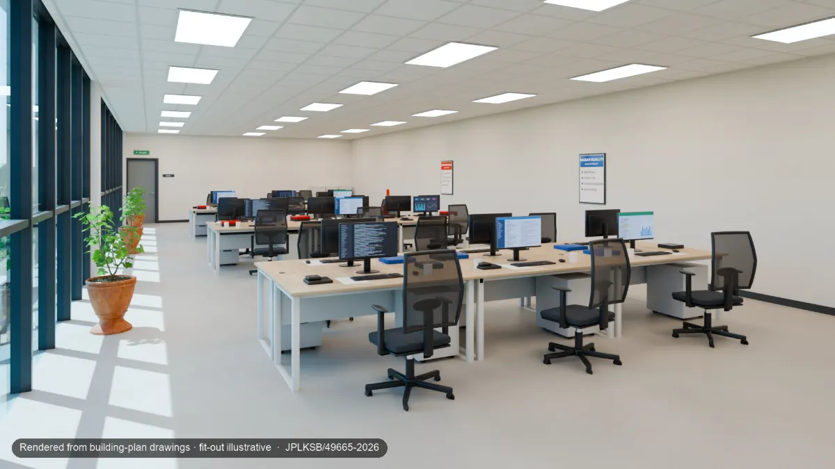 The open-plan office with desks along the curtain-wall glazing