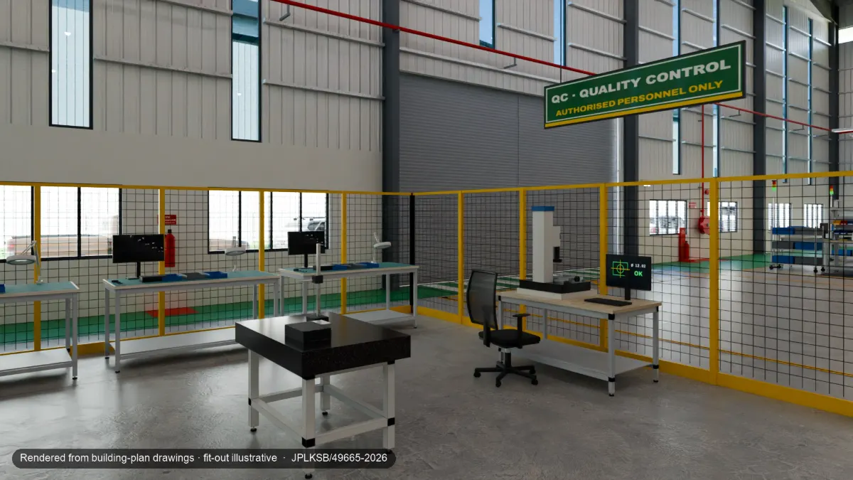 A quality-control area with inspection benches at the edge of the manufacturing floor