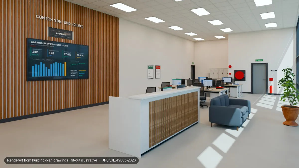 The office reception with a counter and waiting seats