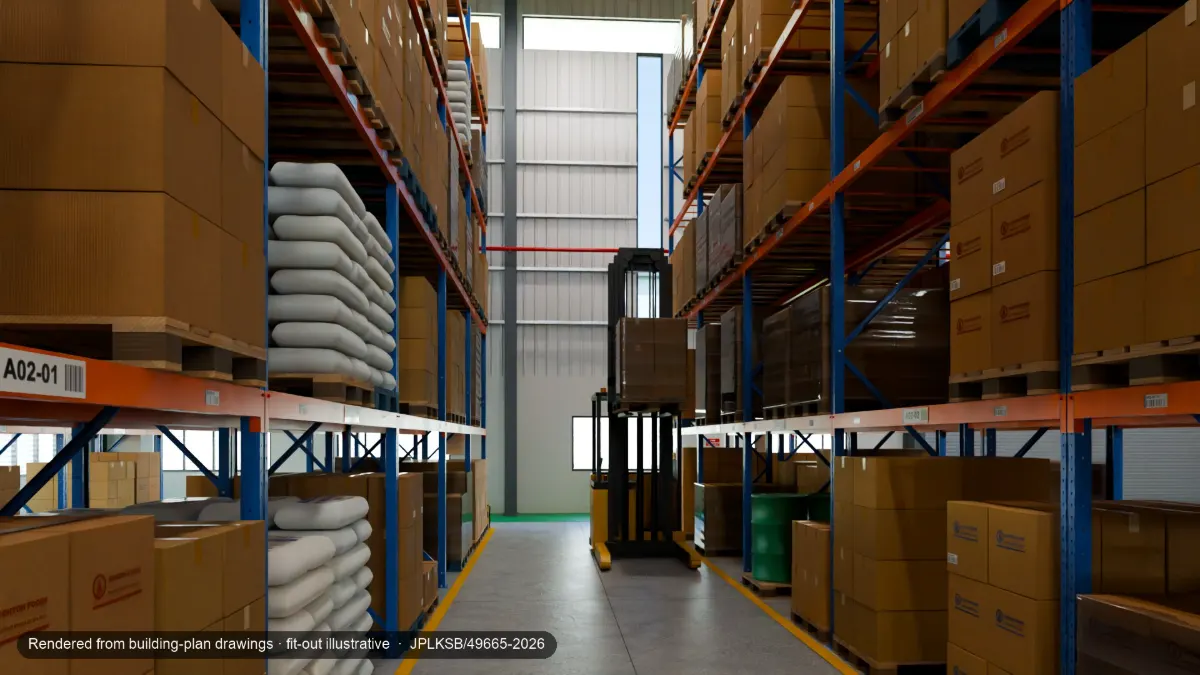 A long aisle between selective pallet racks inside the factory hall, with a reach truck